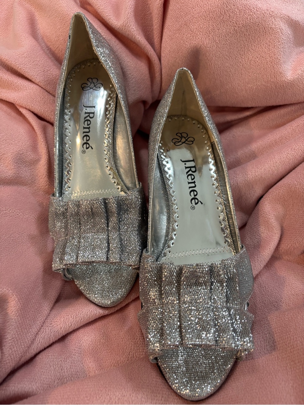 Women's Silver Glitter Peep-Toe Flats